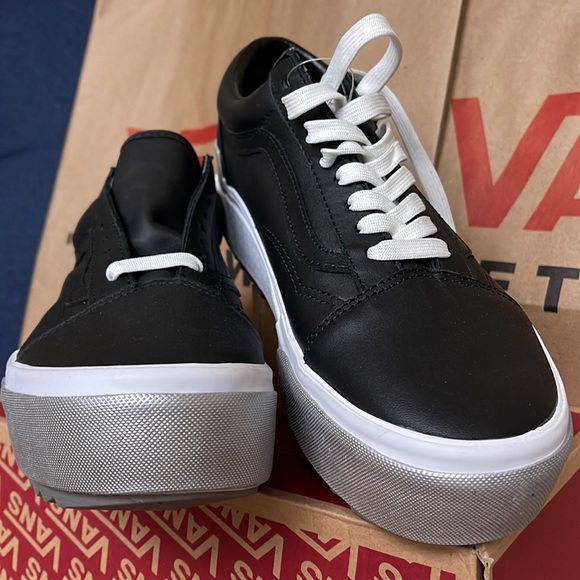 Vans Old Skool Stacked Platforms Shiny Black/True White Men’s - Picture 9 of 16